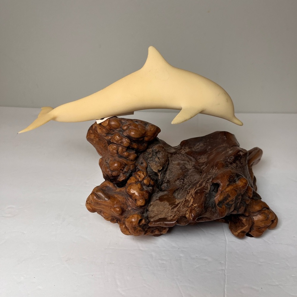 John Perry Cream Resin Dolphin Sculpture Ocean Wave Burl Wood With Tag Vintage
